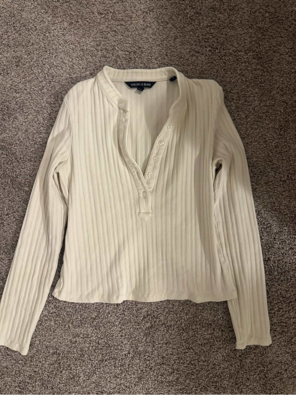 Veronica Beard Cream Ribbed Henley Long-Sleeve Top